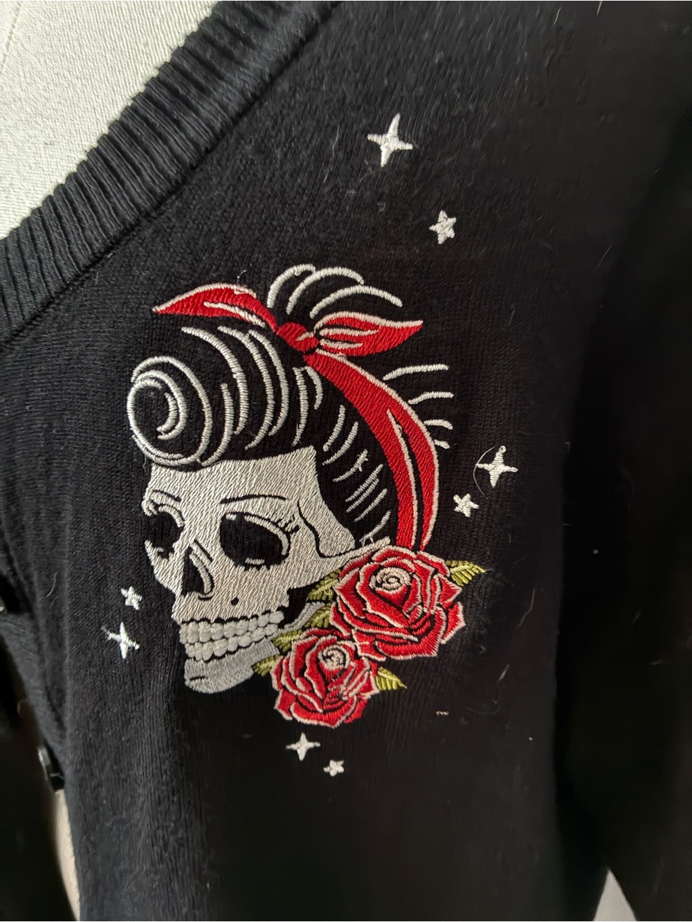 Torrid Retro Chic Black Skull & Roses Embroidered Women's Sweater - Red Accent 3